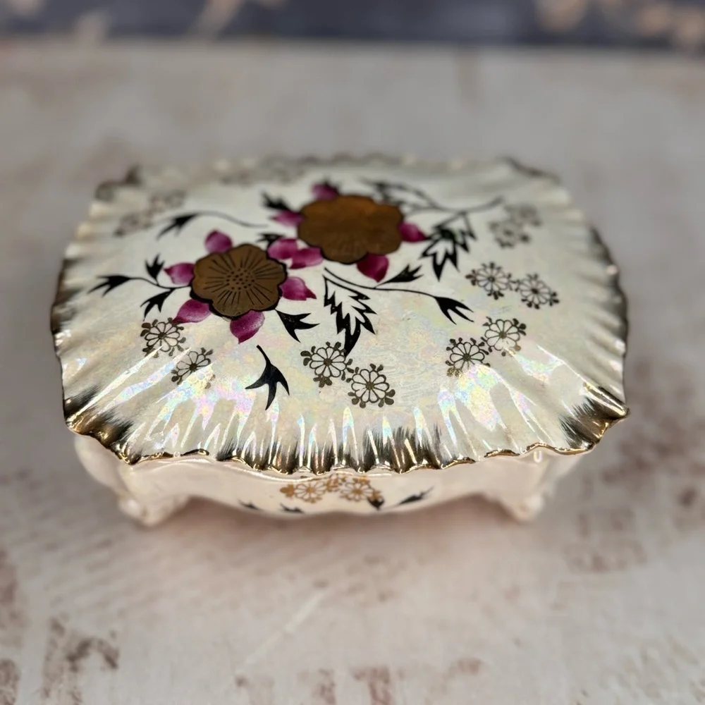 Vintage Japanese Hand-Painted Porcelain Trinket Box Floral Iridescent
